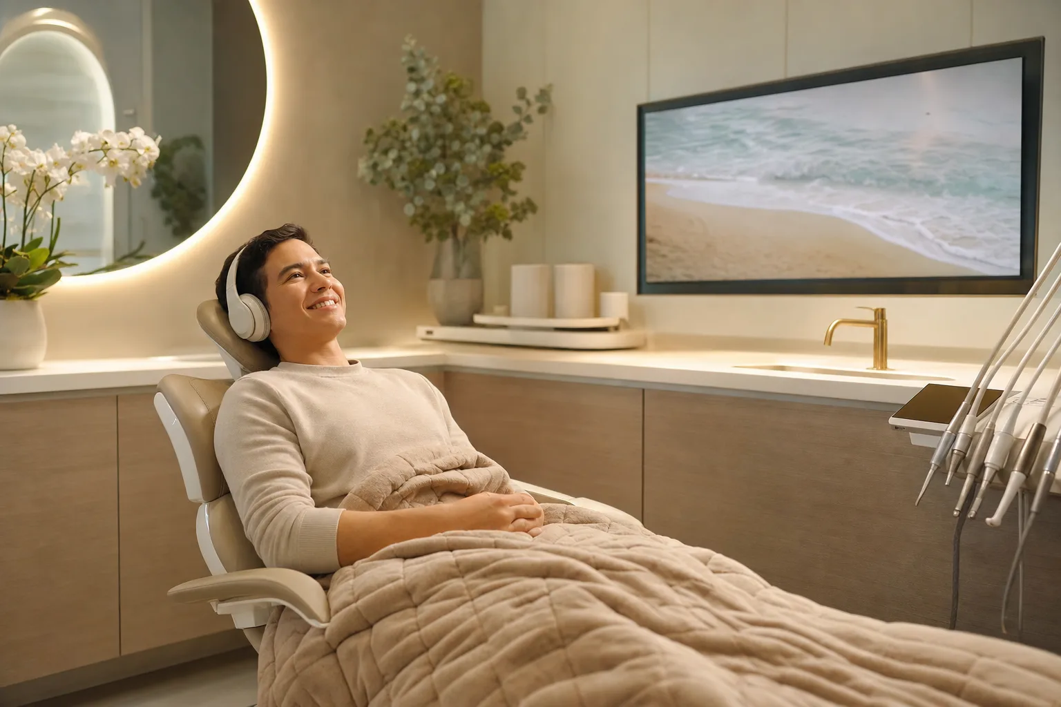A patient relaxing under a weighted blanket with headphones in a warm, calm treatment room