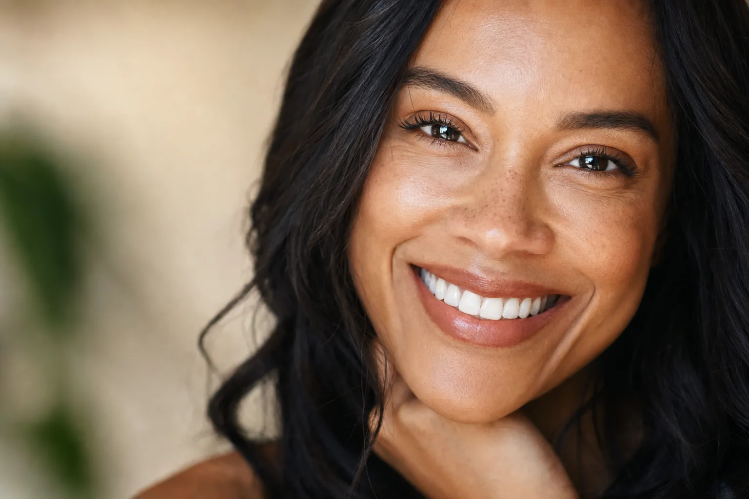 A naturally bright, healthy smile in warm light